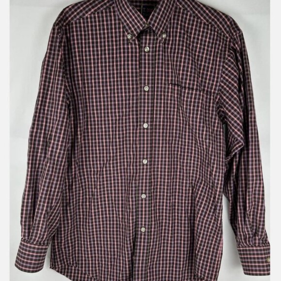 T Harris London Brown Pink Purple Plaid Shirt Mens M Button Front Long Sleeve - Picture 1 of 4